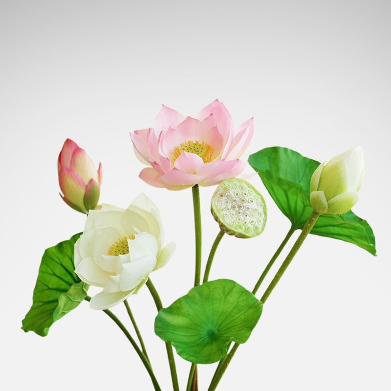 Mixed artificial lotus flower bouquet with white and pink blooms, buds, and lotus seed pod