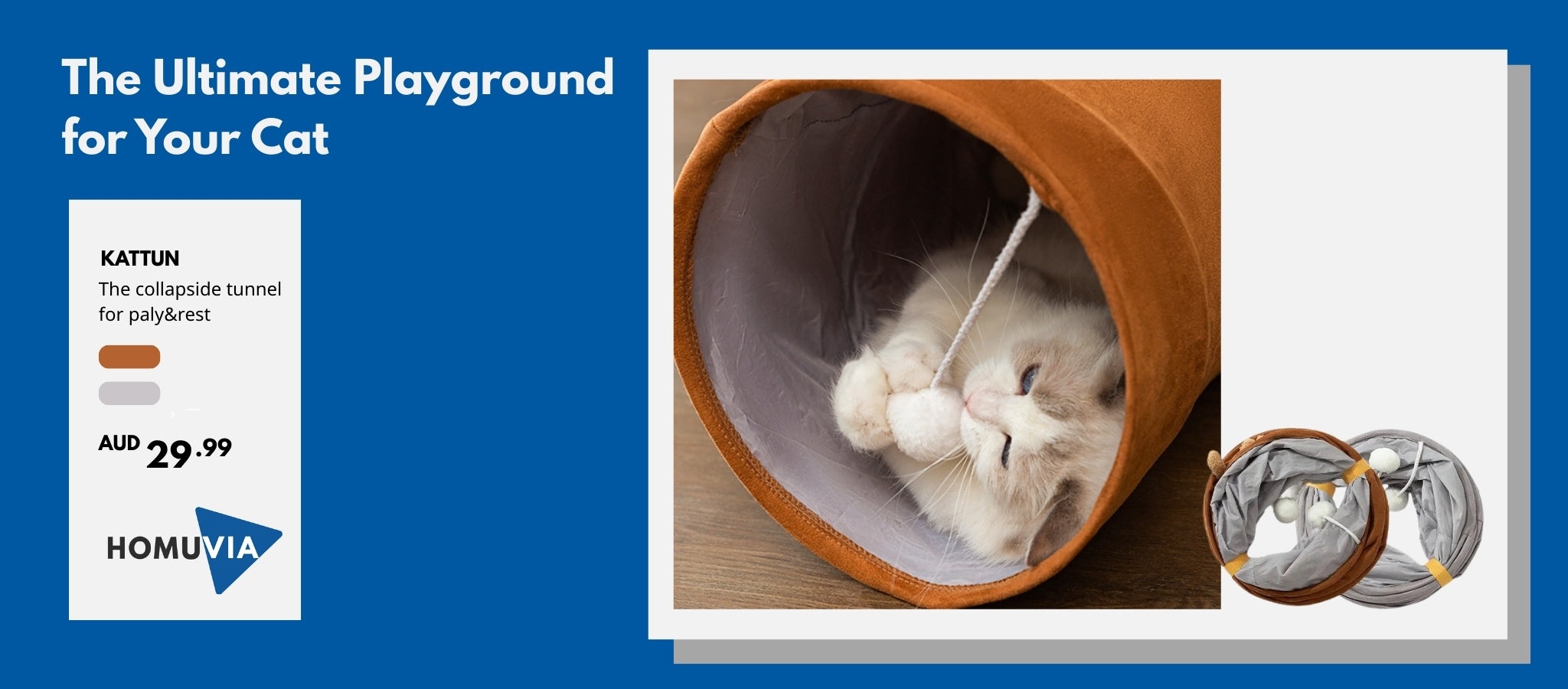 A fluffy cat plays inside the HOMUVIA Kättun collapsible cat tunnel, highlighting the interactive and entertaining features of the cat toy.