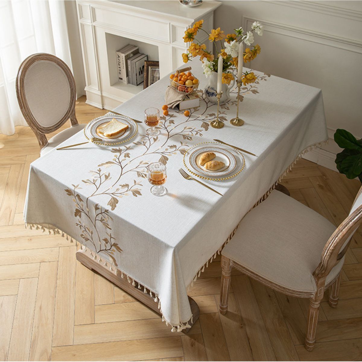 Gold embroidered waterproof tablecloth with tassel trim