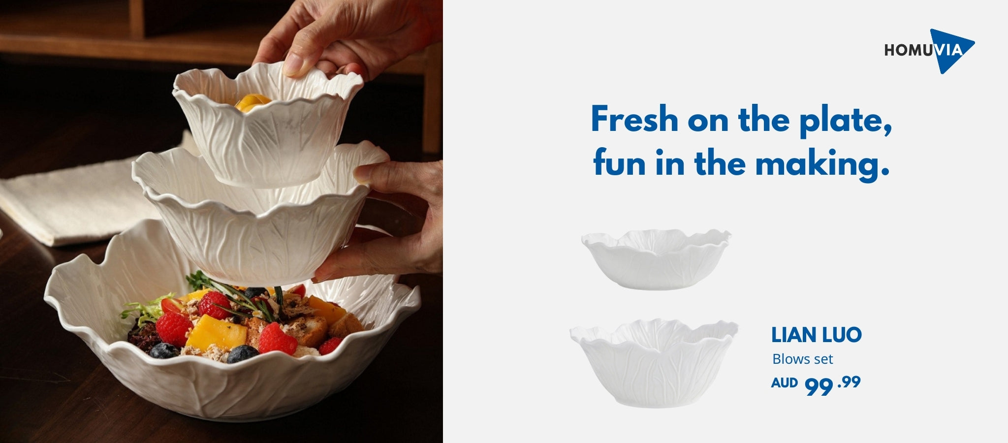 A set of uniquely shaped white ceramic bowls inspired by lotus leaves, with intricate textures and wavy edges. A hand is shown stacking one of the bowls on top of a larger one filled with fresh fruit salad, demonstrating the bowl's aesthetic appeal and versatility for serving meals or desserts.