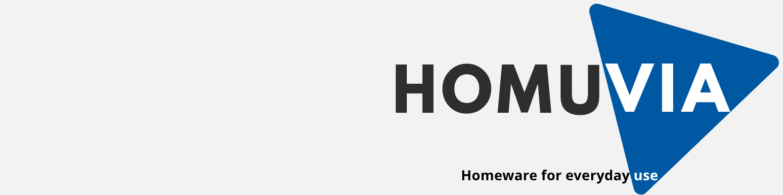 HOMUVIA logo with bold black and white text, featuring a blue rounded triangle highlighting ‘VIA’, representing modern, functional homeware design.