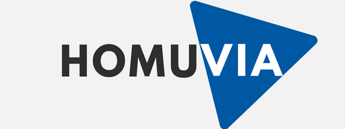 HOMUVIA logo with bold black and white text, featuring a blue rounded triangle highlighting ‘VIA’, representing modern, functional homeware design