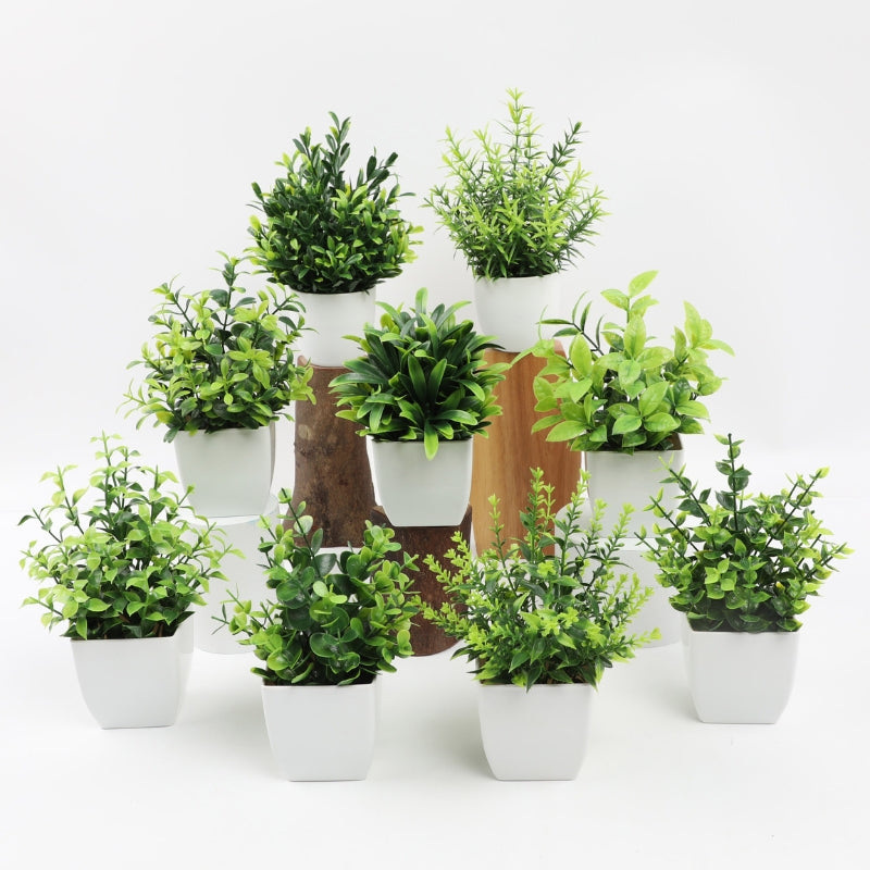 Collection of artificial potted plants arranged on display with white pots