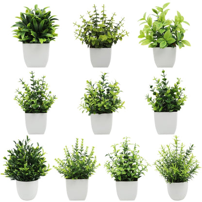 Collection of artificial potted plants arranged on display with white pots