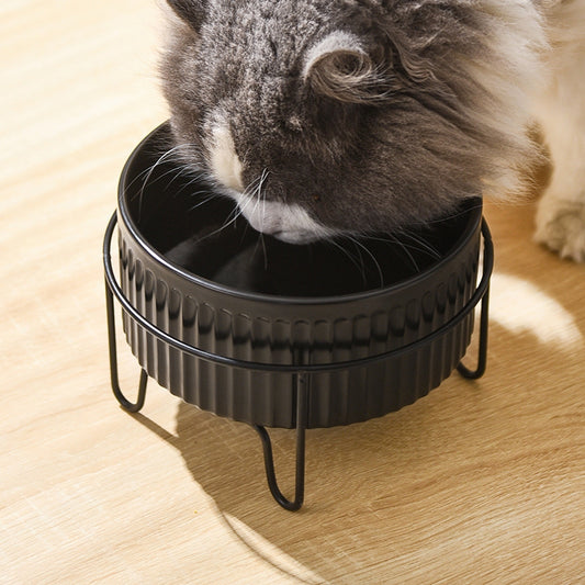 Fluffy cat drinking from a black ceramic bowl in a raised metal stand on a wooden floor.