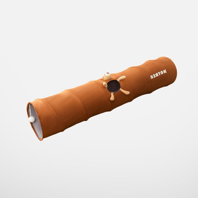 Brown cat tunnel toy with bear design and side hole for cats to play and explore