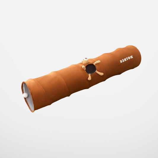 Brown cat tunnel toy with bear design and side hole for cats to play and explore