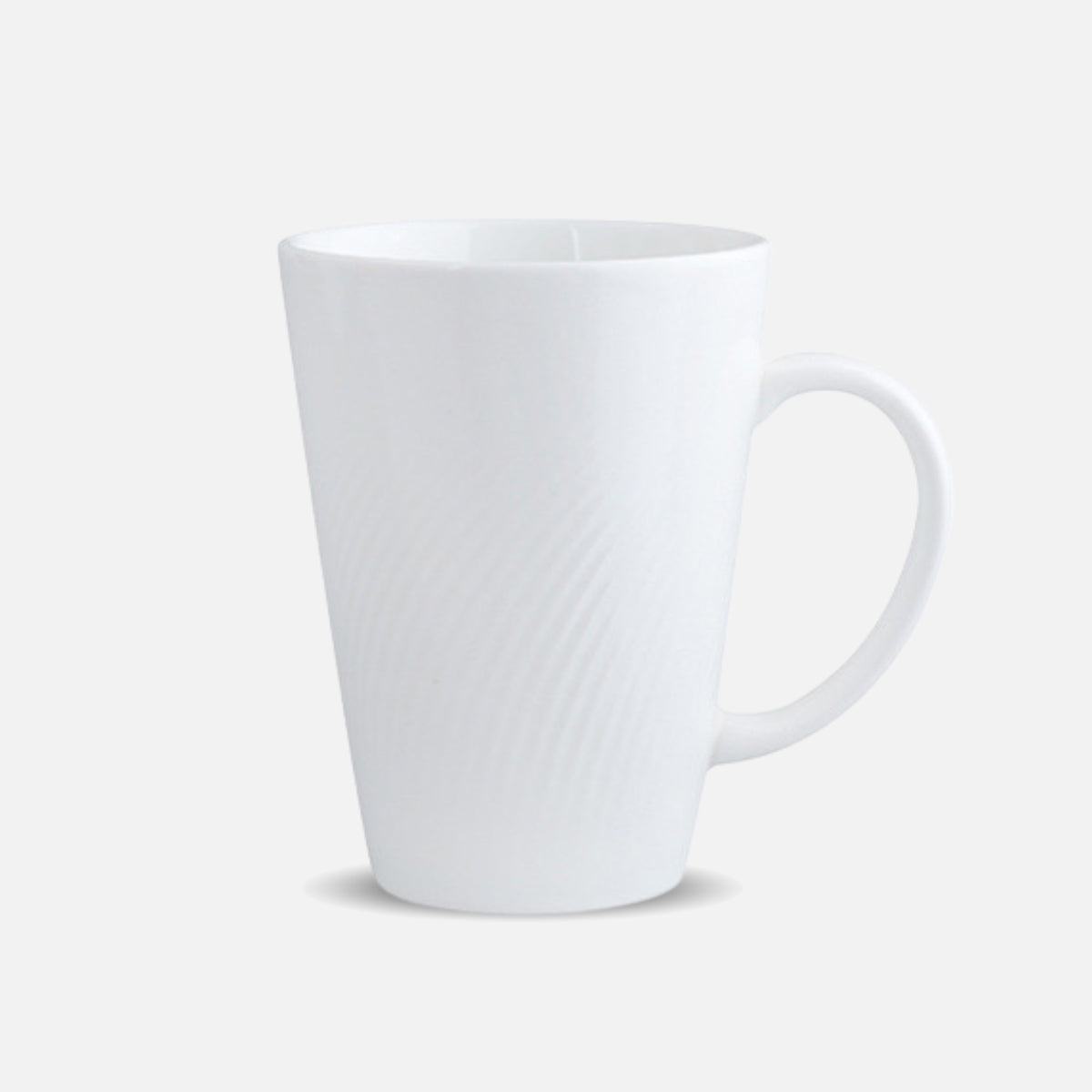 CAI tall ceramic coffee mug in tapered shape, plain background.