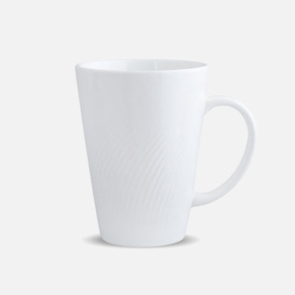 CAI tall ceramic coffee mug in tapered shape, plain background.