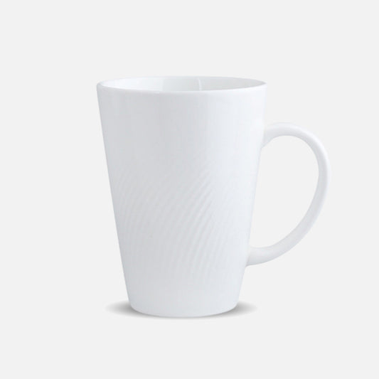 CAI tall ceramic coffee mug in tapered shape, plain background.