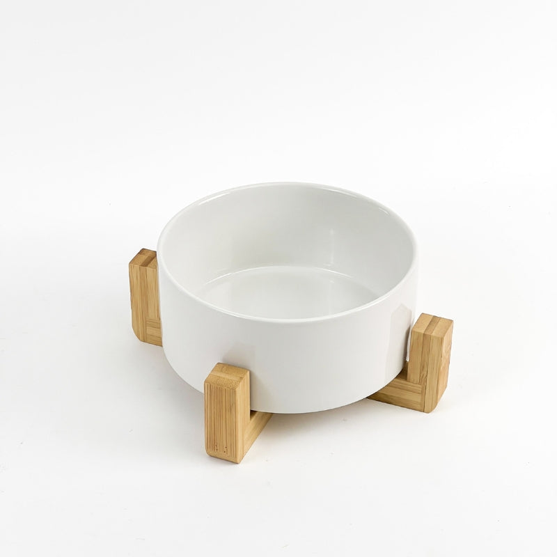 White ceramic pet bowl with bamboo wooden stand for cats and dogs