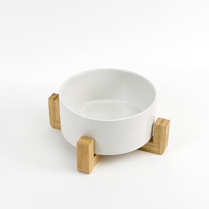 White ceramic pet bowl with bamboo wooden stand for cats and dogs