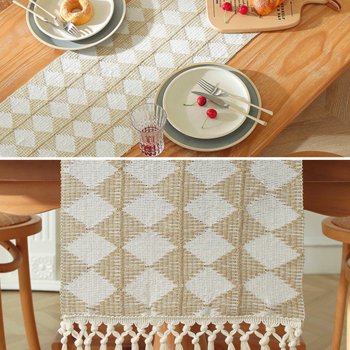 Top view of diamond checkered table runner set with plates and fruit