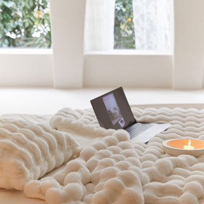 Fleece blanket set with pillow and candle, laptop scene by window