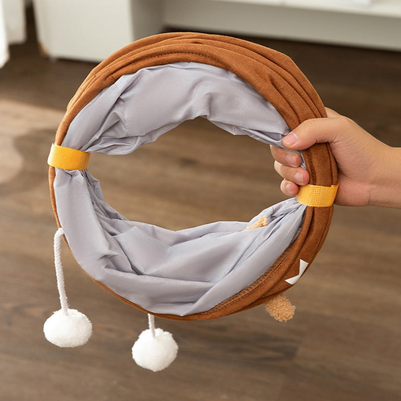Foldable cat tunnel toy shown compact for easy storage and portability