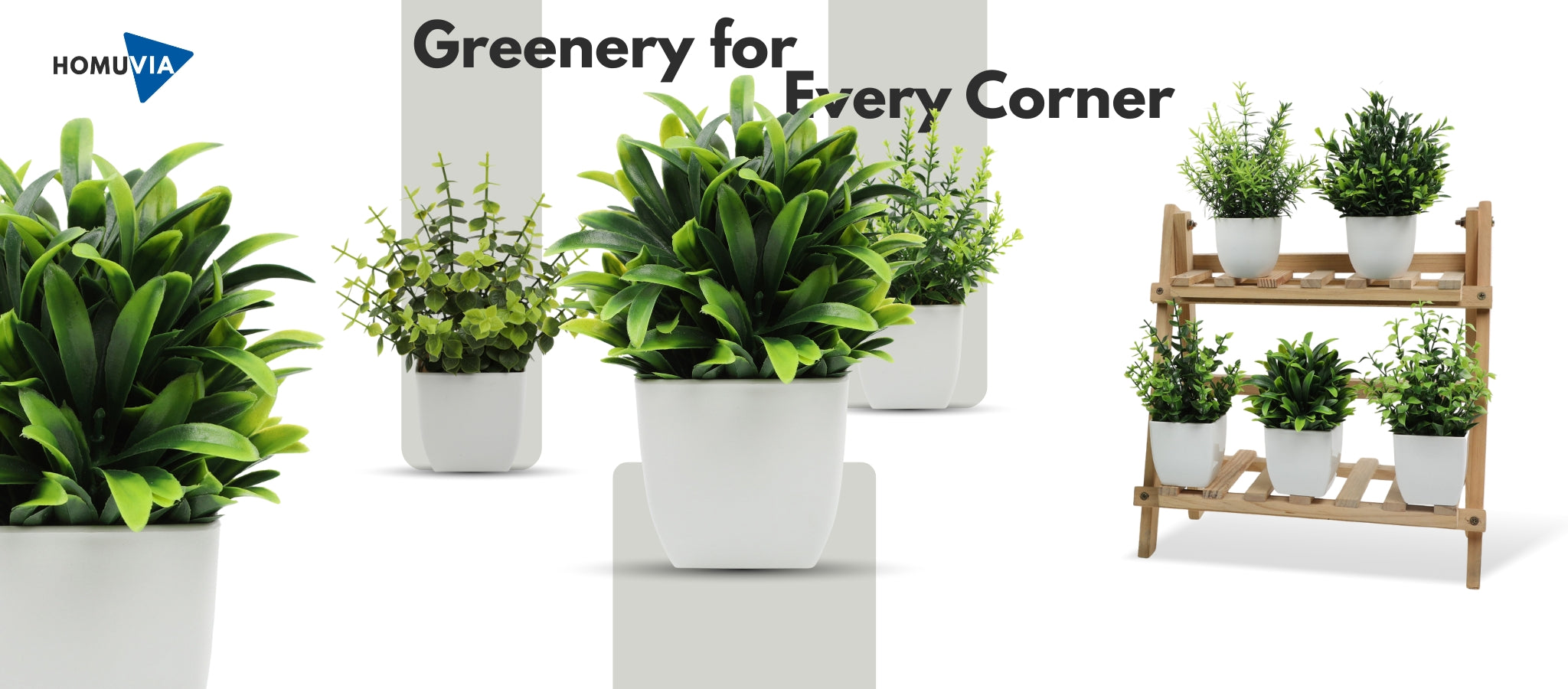 A collection of different artificial potted plants in modern white ceramic pots, showcasing HOMUVIA's home decor and greenery product line.