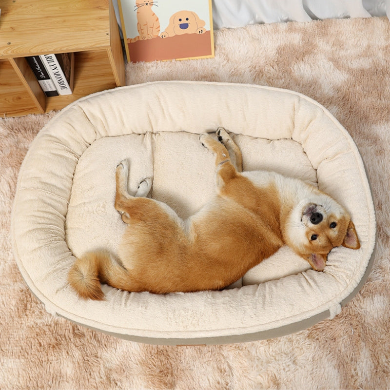 A happy Shiba Inu dog sleeping on its back in a luxurious, soft beige pet bed, showing the comfort and coziness of the product.