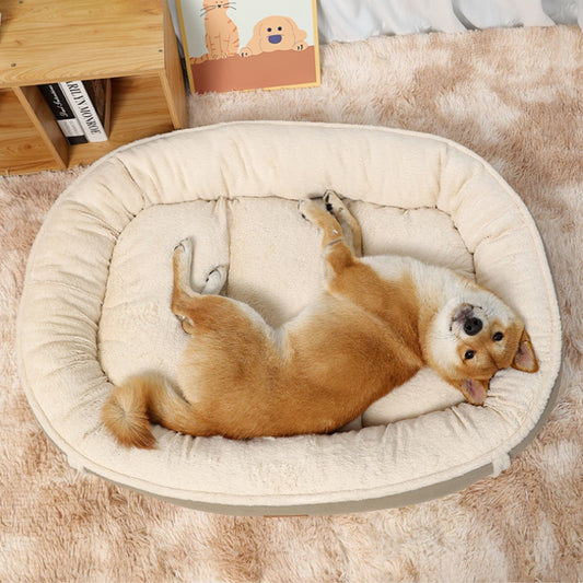 A happy Shiba Inu dog sleeping on its back in a luxurious, soft beige pet bed, showing the comfort and coziness of the product.