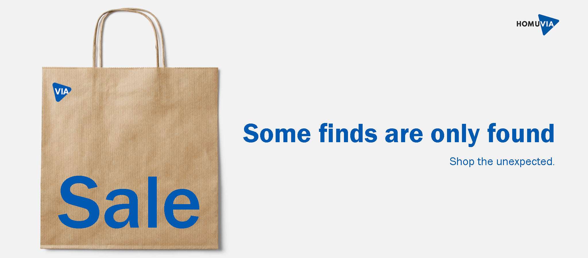Brown paper bag with blue SALE text and HOMUVIA logo, clean white background promo.