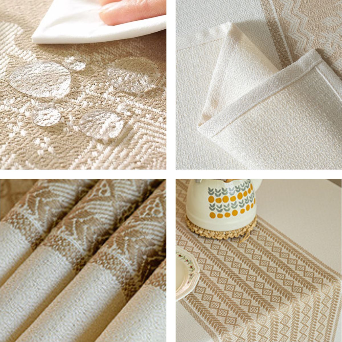 Close-up of water-repellent woven tablecloth surface and stitching