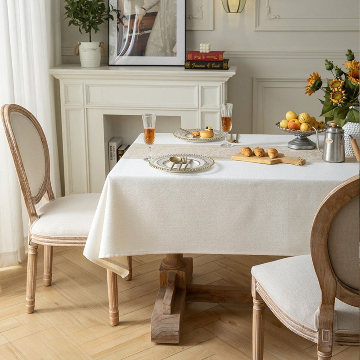 Elegant dining table set with waterproof tablecloth and runner