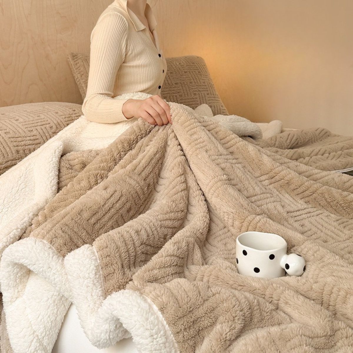 Beige throw blanket spread over bed with coffee mug and fleece interior visible