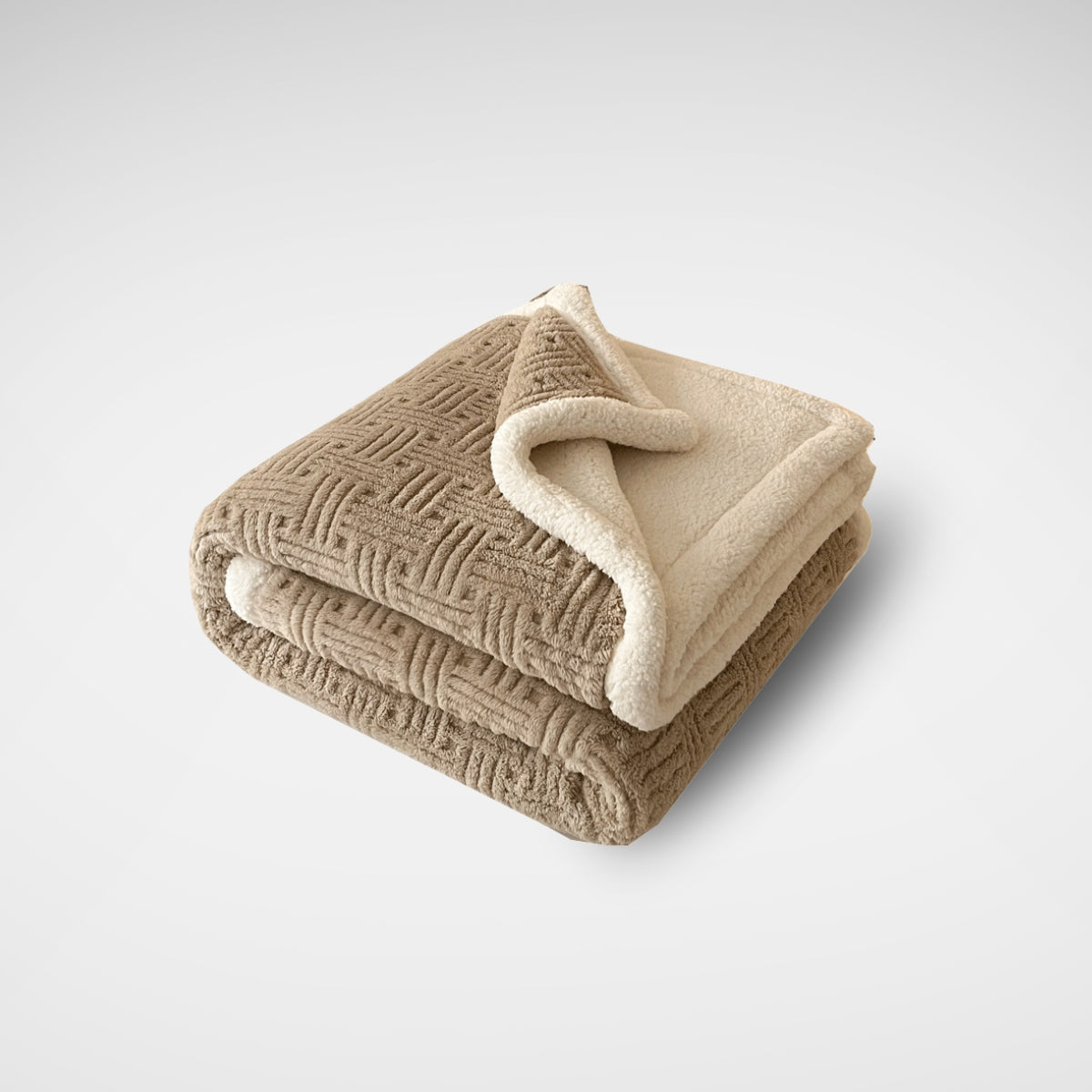 Folded beige throw blanket with sherpa fleece lining and basketweave texture