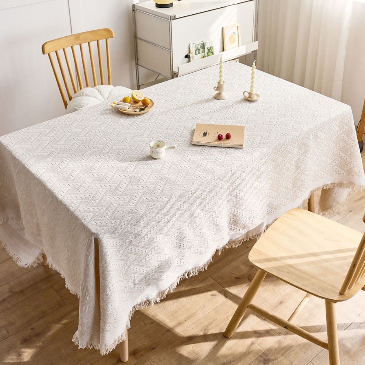 Top view of chevron white tablecloth in bright room