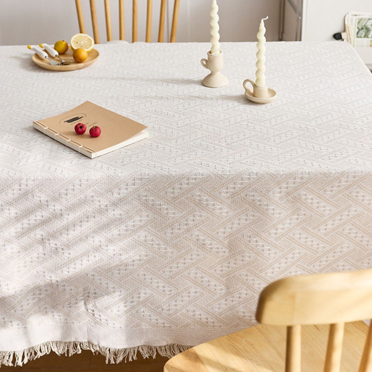 Close view of textured chevron pattern with fringe