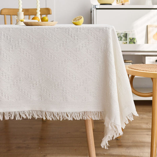 White chevron pattern tablecloth with fringe edge