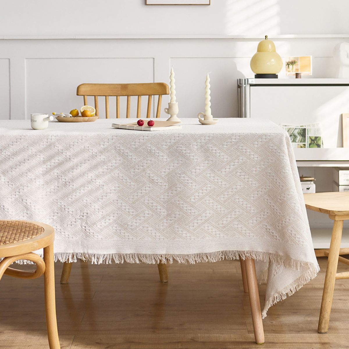 Full dining view with chevron tablecloth and accessories